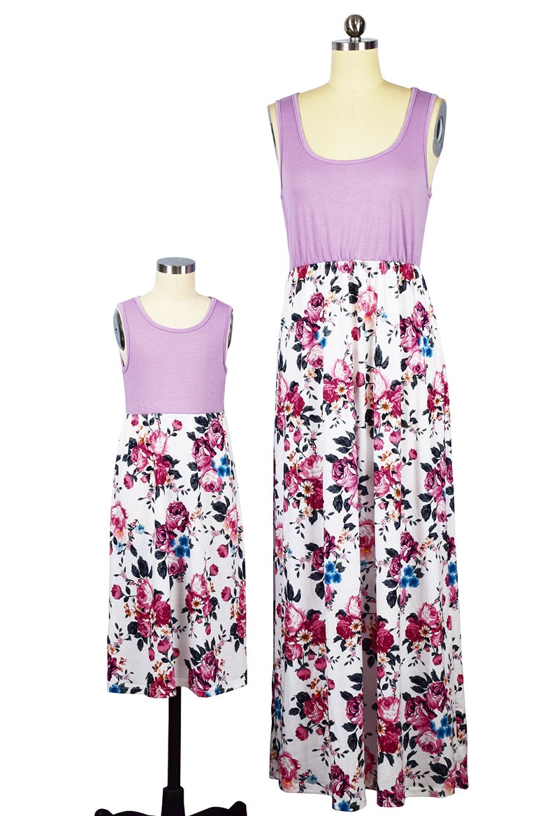 Qin.Orianna Mommy and Me Matching Maxi Dresses,Sleeveless Top Bohemia Floral Printed Matching Outfits with Pockets (Child 5T, Purple) Tag Size M - Image 5